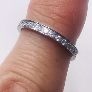 Silver Stainless Steel Ring Lined Lab Created Diamonds Size 6 B Tiff